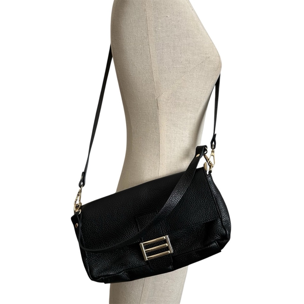 Divina Firenze Black Leather Baguette Flap Crossbody Bag Italy
